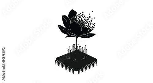 Futuristic flower blooming from a computer chip, symbolizing technology and nature's growth.