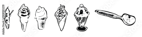 Ice cream Hand drawn doodle set different types, waffle cone on a stick, white chalk. Sketch style cafe menu, card, birthday card decoration, vector illustration.