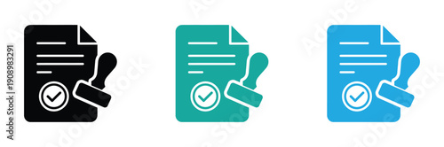 Documents with checkmarks and thumbs up icons. A black stamp with the word approved and a checkmark thumbs up in silhouette.   