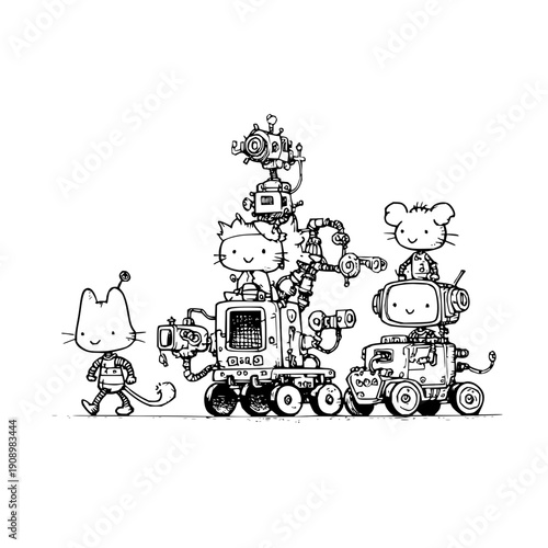 Black and White Cartoon of Anthropomorphic Cats and Mouse Operating Complex Multi‑Wheeled Robotic Vehicle with Mechanical Arms, Cameras, and Devices in a Playful Scientific Exploration Scene