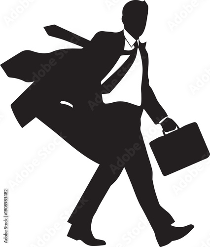 Businessman vector silhouette illustration walking in strong wind with briefcase line art design