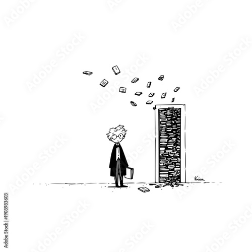 Surreal Black and White Cartoon of Person Facing Towering Portal of Books, Symbolizing Knowledge, Learning, Curiosity, and the Overwhelming Nature of Information in a Dreamlike Scene