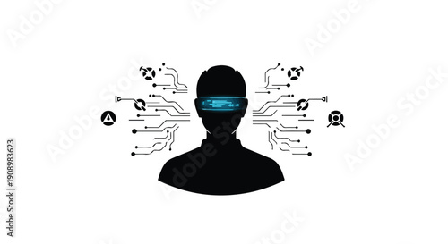 Futuristic silhouette of a person with glowing digital eyes and surrounding cybernetic data streams.