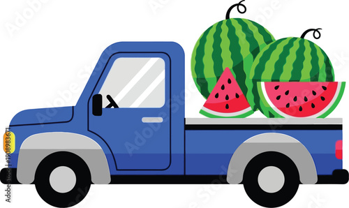 Pixel art illustration of a blue pickup truck carrying giant watermelons and slices in its bed. Vector
