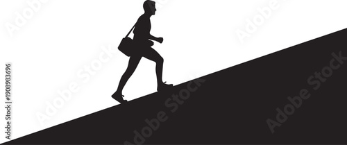 Man silhouette vector illustration walking up steep incline with bag minimalist line art graphic