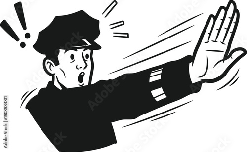 A cartoon man in a black shirt with a shocked expression and hands up in defense or caution