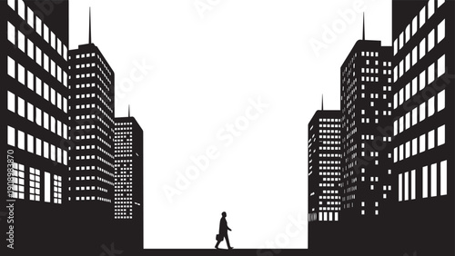 Silhouette of man walking in city street illustration vector transparent background
