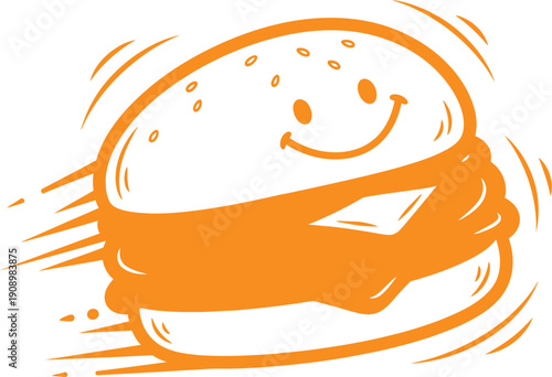 A cartoon burger wearing an orange scarf with a smiley face