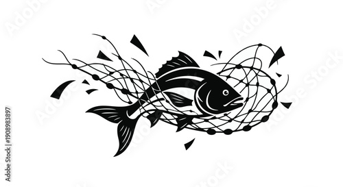 A stylized illustration of a fish struggling to escape a fishing net.