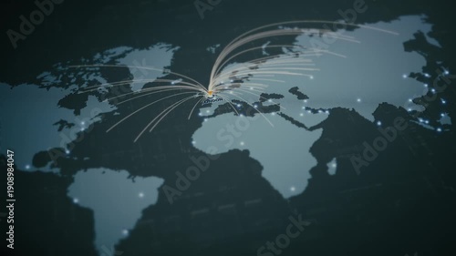 Global business network map with glowing data connections, worldwide connectivity, logistics routes, secure communication, cloud infrastructure, big data technology -  London, England