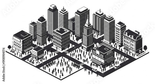 Isometric illustration of a bustling city with skyscrapers and busy streets.