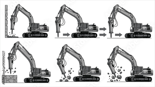 Heavy Excavator with Hydraulic Hammer – Rock Breaking and Construction Site Operations Sequence Vector.
