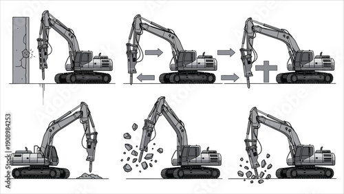 Heavy Excavator with Hydraulic Hammer – Rock Breaking and Construction Site Operations Sequence Vector.