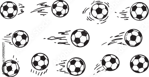 Multiple soccer balls in motion with dynamic lines and speed effect