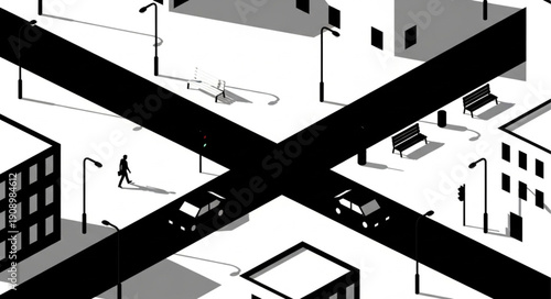 Stylized Isometric City Intersection with Cars and Pedestrians.
