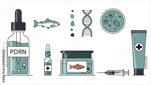 Anti-Aging Skincare Vector Illustration – Korean Beauty Facial Treatment with Salmon PDRN, Serum, Cream, Ampoule, Microneedles, and Syringe.