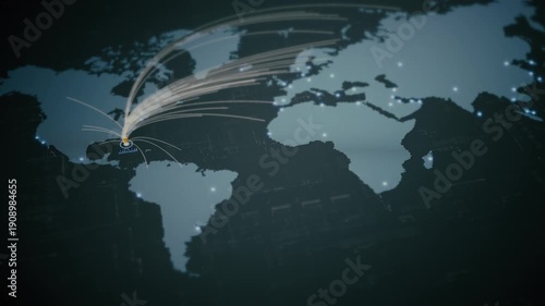 Global business network map with glowing data connections, worldwide connectivity, logistics routes, secure communication, cloud infrastructure, big data technology - Miami, USA