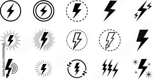 Lightning Bolt and Energy Icons: Electrical Discharge, Power Symbol and Flash Graphics