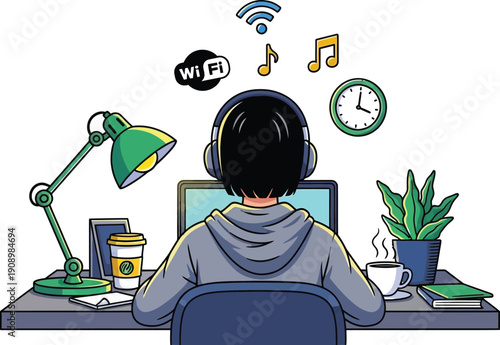 Remote worker sitting at desk with computer and modern amenities