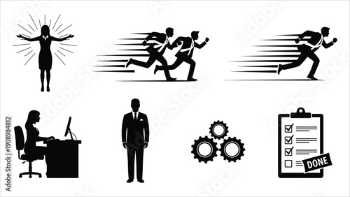 Business Vector Icons – Silhouettes of Woman Typing at Desk and Man with Gears, Clipboard, and Motion Lines