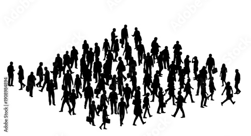 Large group of diverse people walking in silhouette formation.