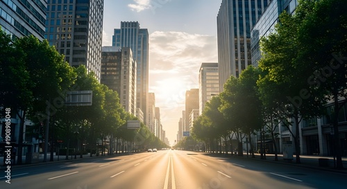 Sunset over a bustling city street with tall buildings and trees