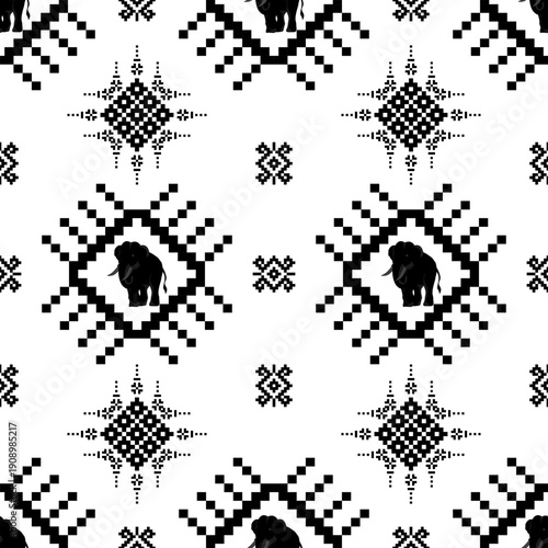 Seamless Tribal Pixel Geometric Pattern with Ethnic Cross Motif in Black and White. design is ideal for textile prints, fabric design, wallpapers, fashion materials, packaging, stationery.