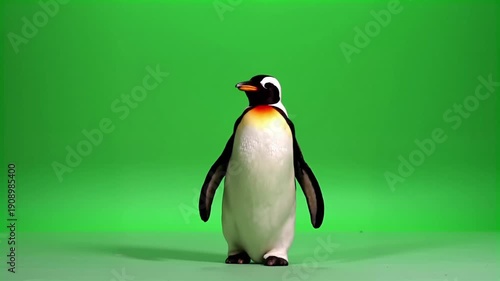 Penguin standing centered on a vibrant green screen background
