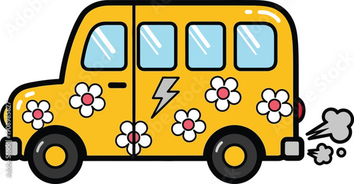 A yellow cartoon hippie van decorated with white flowers and a grey lightning bolt symbol Vector