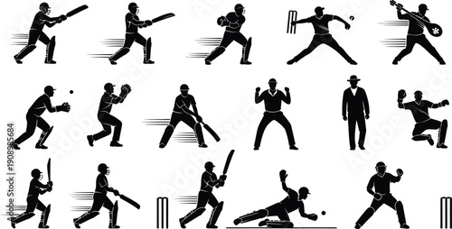 Cricket Player Actions Icon Set: Full Range of Moves from Pitching to Batting and Fielding