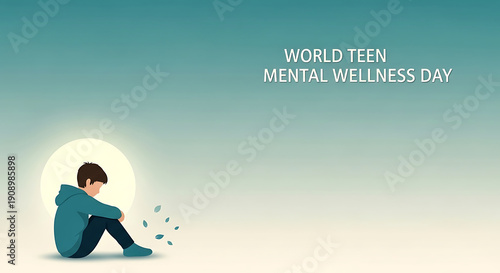 World Teen Mental Wellness Day Illustration: Sad Teenager Sitting Alone, Downcast, Falling Leaves, Soft Light
