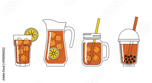 Iced Tea Line art filed color illustration