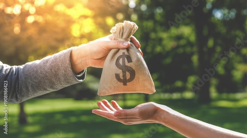 A persons hand offers a burlap money bag with a dollar sign into another outstretched hand outdoors in sunny nature
