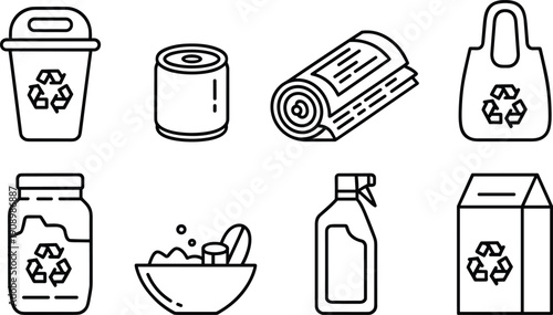 Recycling Waste Management Outline Icon Set Trash Can Plastic Paper Glass Black and White Vector Collection