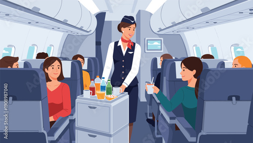 Professional flight attendant pushes a service cart along the aisle to serve refreshing drinks and snacks to passengers inside a commercial aircraft.
