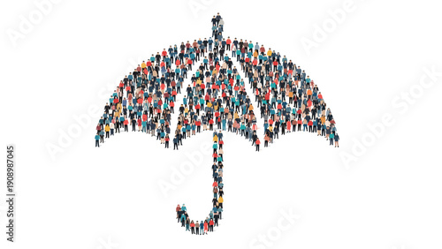 Multitude of people standing together to create the shape of a giant umbrella symbolizing protection, safety, and collective insurance.
