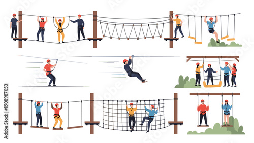 People participate in various outdoor activities at an adventure rope park including ziplining, climbing, and crossing high suspension bridges.