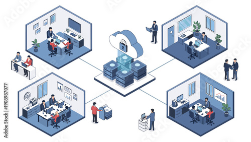 Isometric illustration shows various office departments connected to a secure central cloud server for data storage and network collaboration.
