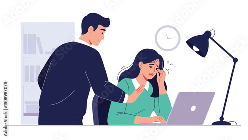 Workplace harassment scene shows a distressed female employee being inappropriately touched on the shoulder by a smiling male colleague in an office.