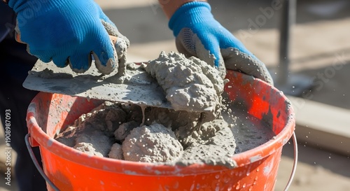Wallpaper Mural Hands wearing blue construction gloves scoop wet concrete mix with a trowel from an orange bucket. Torontodigital.ca