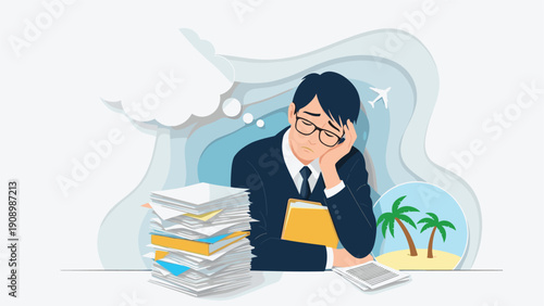 Exhausted businessman sitting at a desk with a huge pile of paperwork dreams about a relaxing beach vacation under palm trees.