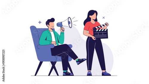 Film production scene with a director sitting in a chair using a megaphone and an assistant holding a movie clapperboard.