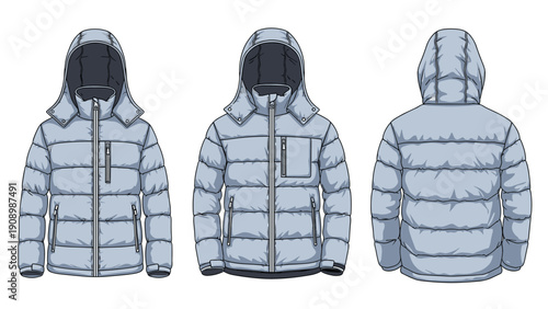Detailed fashion illustration of a mens gray quilted puffer jacket shown from front, side, and back views for apparel design purposes.