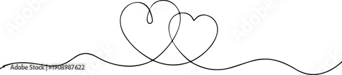Two love hearts ribbon calligraphy line decoration, intertwined hearts outlines, drawn heart in thin one continuous line greeting invitation, wedding love, valentines, mother day, romantic feelings,
