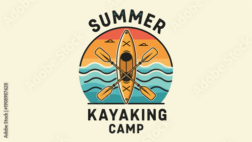Retro style summer kayaking camp badge featuring a yellow kayak and crossed paddles over stylized ocean waves and a setting sun.