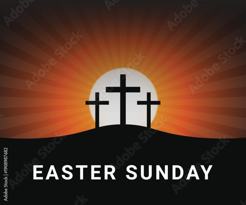 Easter sunday celebration with crosses silhouette at sunset, easter sunday vector illustration