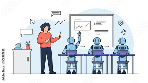 Futuristic classroom scene where a human teacher provides instruction to advanced blue robots seated at desks using a whiteboard.