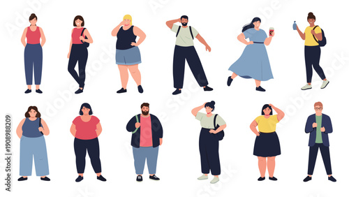 Diverse set of people of different body types, ages, and backgrounds standing in casual fashion outfits on a white background.