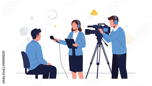 Media professional interviews a person for a television program while a camera operator records the scene with professional equipment.