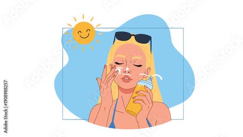 Beautiful young woman with sunglasses applies sunscreen lotion to her face for sun protection during a bright sunny summer day.